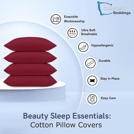 Comfort Beddings Standard Pillowcases Set of 4 – 100% Organic Cotton, 600 Thread Count Sateen, Soft & Comfy Pillow Covers with Envelope Closure, Burgundy, Standard Size 20 x 26 Inches
