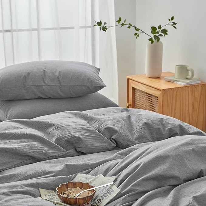 FACE TWO FACE Bedding Duvet Cover Set100% Washed Cotton Duvet Cover Linen Like Textured Breathable Durable Soft Comfy (Full, Light Grey)