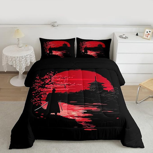 Erosebridal Samurai Comforter Set, Sunset Bedding Set, Japanese Samurai Warm Soft Down Comforter, Scenery Silhouette Bedroom Decor 3Pcs Duvet Set for Men Boys Teens, King Size