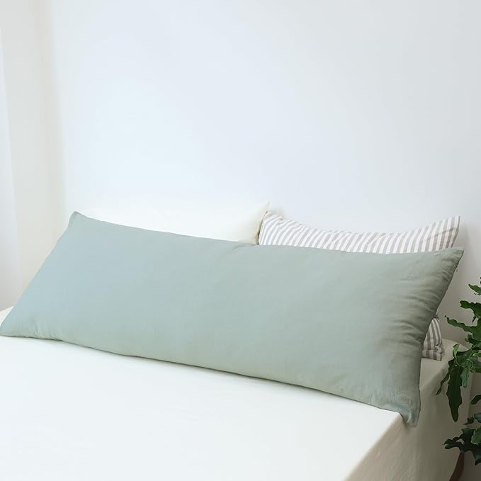 MooMee Body Pillow Cover Pillowcase with Zipper 100% Washed Cotton Linen Like Textured Breathable Durable Soft Comfy (Sage Green, 21”x54”, 1PC)