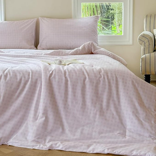 NSNLGSGC Pink Gingham Cotton Comforter Set King, 100% Washed Cotton Red Plaid Checked Comforter Bedding, 3 Pieces Vintage Farmhouse Grid Bedding Set(Pink Gingham, King)