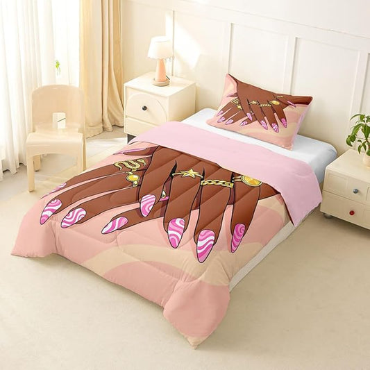 Erosebridal Romantic Makeup Themed Comforter Set Toddler Size for Girls Fashion Girlish Quilt Black Girls Bedding Set for Kids Teens Adult Women Bedroom Afro Vogue Princess Magical Down Comforter