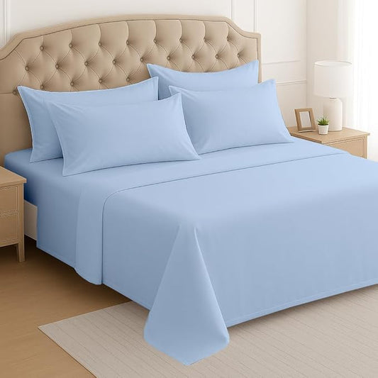 Mattress-Homes Ultra-Soft Breathable, Hotel Luxury Collection, Split King Size 7 Piece Crisp Sheet Set, 100% Egyptian Cotton, Extra Deep Pocket Upto 21", Machine Washable Sheets in Light Blue Solid