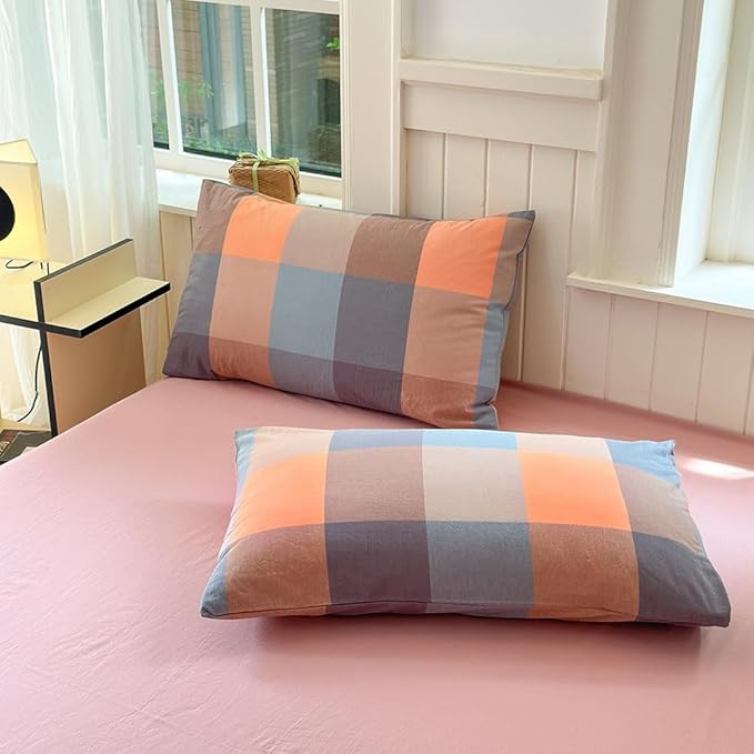 FACE TWO FACE Bedding Duvet Cover Set100% Washed Cotton Duvet Cover Linen Like Textured Breathable Durable Soft Comfy (Queen, Cookie Powder Grid)