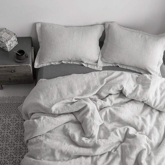 Simple&Opulence 100% Washed Linen Duvet Cover with Embroidered, 3 Pieces Soft Farmhouse Comforter Set with Button Closure,1 Duvet Cover and 2 Pillowshams(Full,Light Grey)
