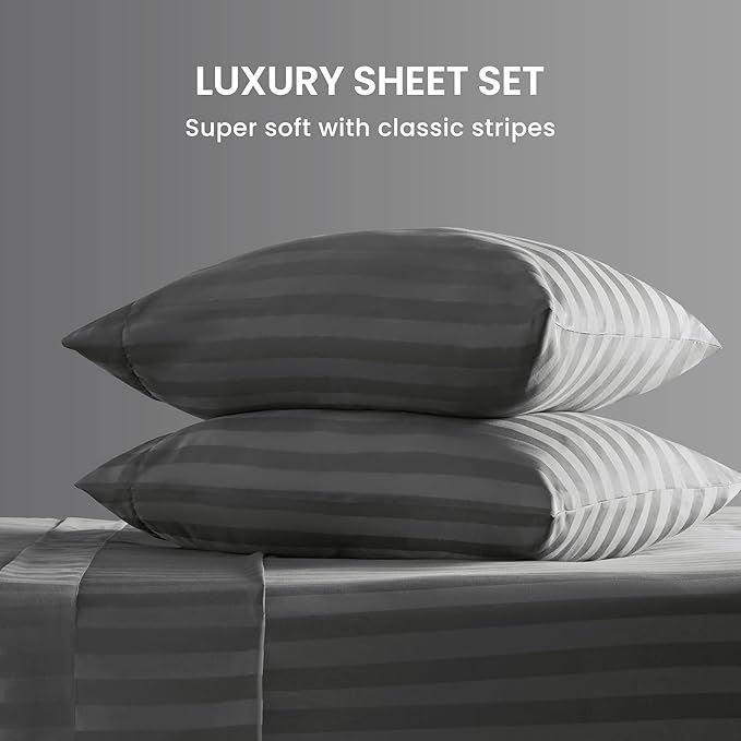 SLEEP ZONE Striped Cooling Queen Sheets Set - Fitted Flat Sheet & Pillowcase Sets 4 Piece - Super Soft Stripe Bed Sheet, Easy Care, Deep Pocket (Gray, Queen)