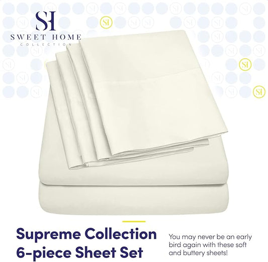 Queen Sheets Ivory - 6 Piece 1500 Supreme Deluxe Collection Deep Pocket Ultra Soft Queen Sheet Set Bedding - 2 Extra Pillow Cases, Great Value, Queen, Ivory