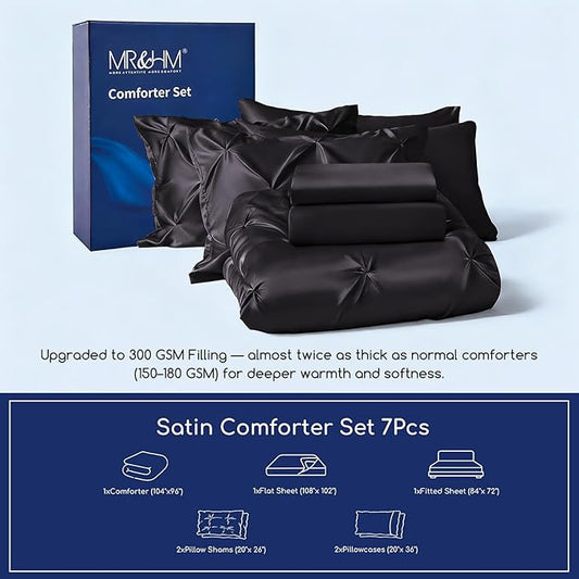 MR&HM Satin Comforter California King 7 Pieces Black - Luxurious Pinch Pleat Bedding Set with Comforter, Flat Sheet, Fitted Sheet, Pillowcases & Shams, Super Silky Soft Bed Set for All Season
