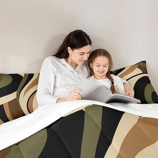 Castle Fairy Stripes Comforter Set Queen Size Brown Black Green Swirls Bedding Set 3pcs for Kids Boys Men Room Decor Vintage Abstract Styles Quilt Set Microfiber Duvet Insert with 2 Pillowcases