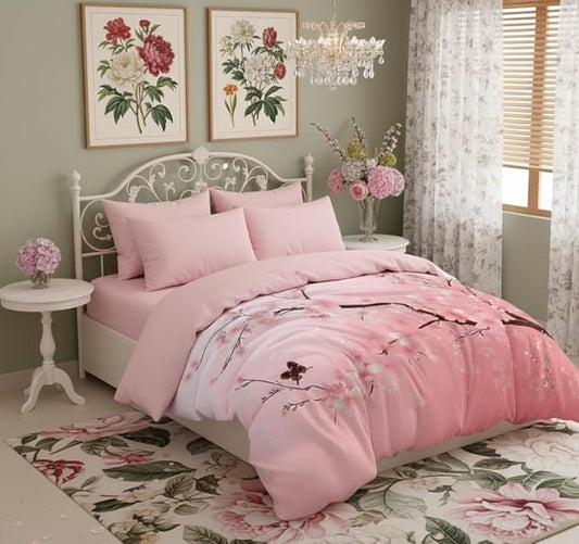 Japanese Bedding Set King Size,Pink Flower Comforter Set 3Pcs Cherry Blossom Quilted Bed Set with 2 Pillowcases for Girls Women, All Season(104"x90")