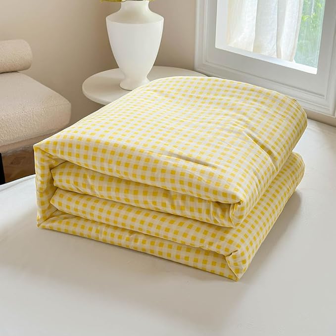 NSNLGSGC Yellow Gingham Cotton Comforter Set King, 100% Washed Cotton Red Plaid Checked Comforter Bedding, 3 Pieces Vintage Farmhouse Grid Bedding Set(Yellow Gingham, King)