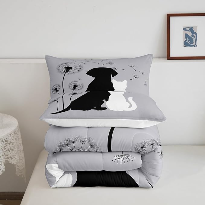 Erosebridal Couple Bedding Set King, Kawaii Cat Dog Comforter for Boys Girls Teens Adult, Cute Pet Aniamls Duvet Insert, Lovely Kitten Puppy Quilt Set, Dandelion Plants Floral Down Comforter, Gray