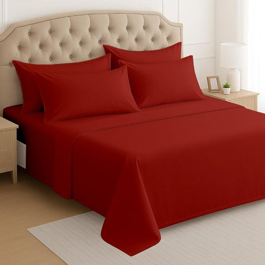 Mattress-Homes Ultra-Soft Breathable, Hotel Luxury Collection, Split King Size 7 Piece Crisp Sheet Set, 100% Egyptian Cotton, Extra Deep Pocket Upto 21", Machine Washable Sheets in Burgundy Solid