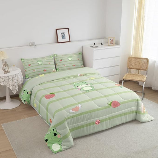 Cute Frog Comforter Set for Kids,Pink Strawberry Sweet Fruits Bedding Sets Teens Cute Room Decor,Light Green Frogs Stripes Duvet Set Quilt Set Twin 1 Comforter with 1 Pillow Case