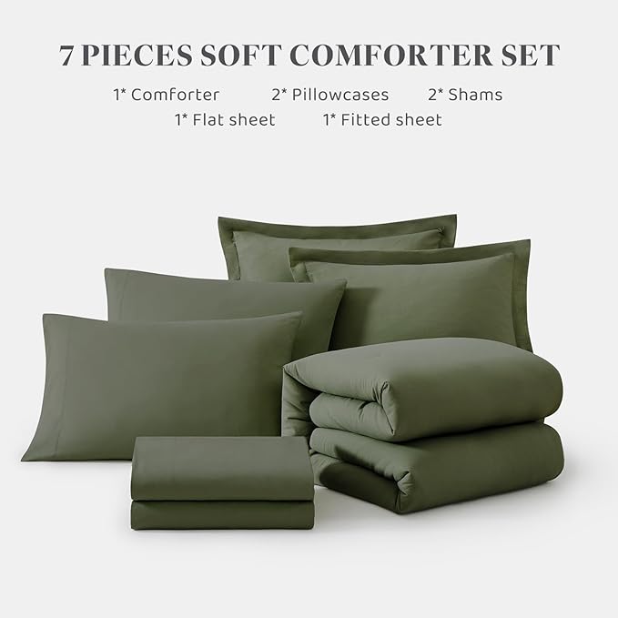 WRENSONGE Super King Plus Comforter Set- 7 Pieces Soft Olive Green Bed in a Bag with Fitted Sheet, Flat Sheet, 2 Pillow Shams, and 2 Pillowcases- Warm Bedding Sets Super King Plus for All Season