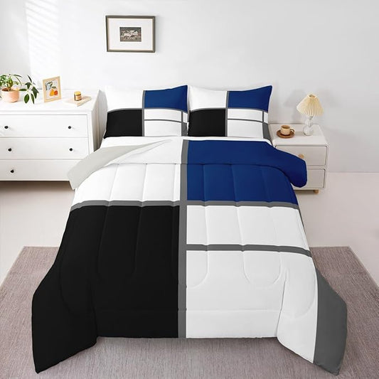 Erosebridal Geometric Abstract Twin Bedding Sets for Adult Women Men Blue and White Striped Comforter Set Square Grid Quilt Duvet Set Modern Art Patchwork Bedding Collections for Minimalist