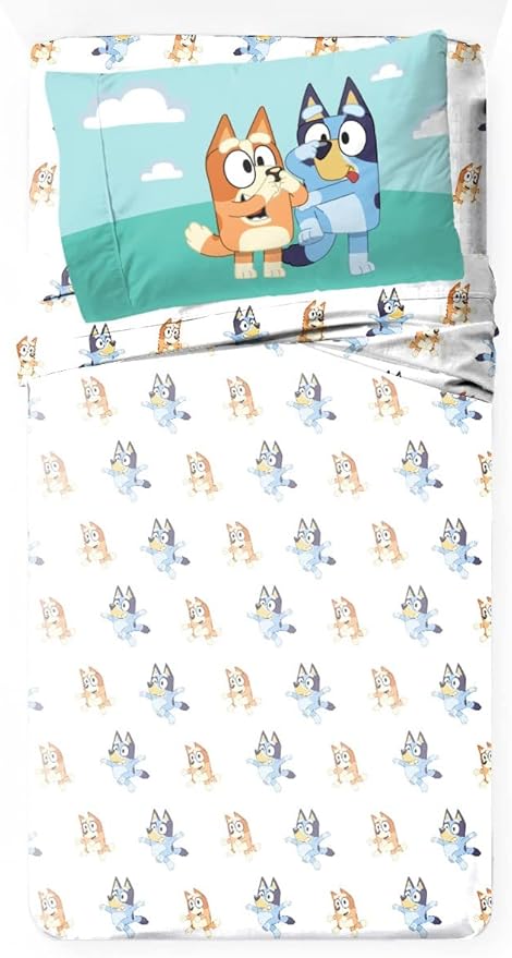 Jay Franco Kids Sheet Set with Fitted, Flat Sheets & Pillow Cover - Ultra-Soft Bedding with Pillowcase for Room Decor, White - Bluey, 3 Piece Toddler