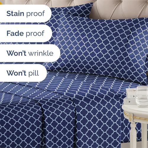 Cal King 4 Piece Striped Sheet Set - Breathable & Cooling - Navy Quatrefoil