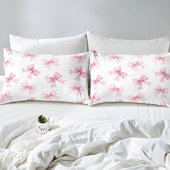 Erosebridal Pink Bow Fitted Sheet Twin Coquette Bowknot Bed Sheets for Boys Girls Princess Girls Ribbon Bowtie Bed Set Watercolor Cute Sheets with 1 Pillowcase