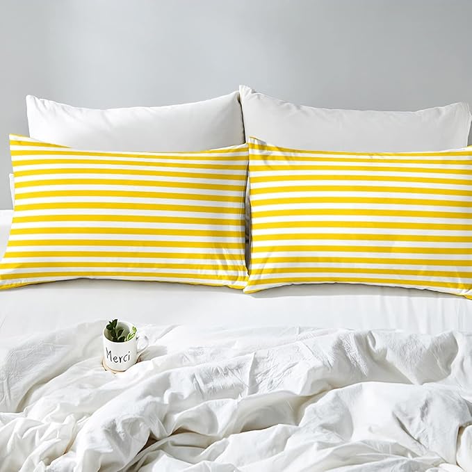 Stripe Bedding Set Yellow White Striped Comforter Set Twin Farmhouse Ticking Stripes Down Comforter Gothic Home Decor Horizontal Stripes Geometric Lines Reversible Duvet Set Kids Girls Women