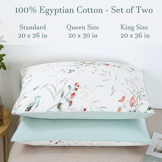 WINLIFE 100% Cotton Pillowcases Garden Floral Birds Printed on White Pillow Cases Pillow Cover Set of 2 (Standard 20x26 inches, Birds Floral)