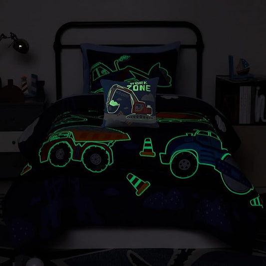 Kids Comforter Set Twin Size for Boys, Glow in The Dark Truck Bedding Set 1 Comforter, 1 Decor Pillow, 1 Pillow Shams