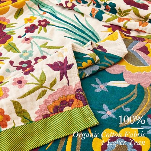 VANJOROY Boho Throw Blanket for Bed, 100% Organic Cotton Breathable Ultra Soft 60" x 80" Quilt Throw - All Season Floral Rustic Farmhouse Decor Luxury Reversible Blanket for Sofa Couch Chair and Gift