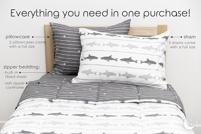 Beddy's Great White Zipper Bedding - Durable Zip-On Sheets & Comforter for Kids - Bed in a Bag - Easy Make Bedding - Machine Washable - Includes Pillowcase & Sham - Grey Shark - Full