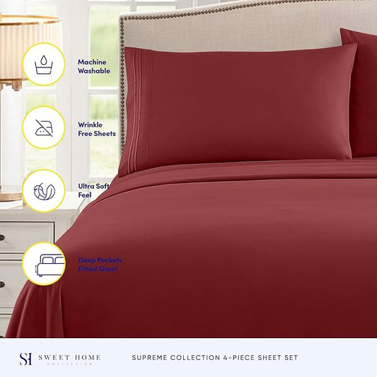 RV Queen Bed Sheets - Breathable Luxury Sheets with Full Elastic & Secure Corner Straps Built In - 1800 Supreme Collection Extra Soft Deep Pocket Bedding Set, Sheet Set, RV Short Queen, Burgundy