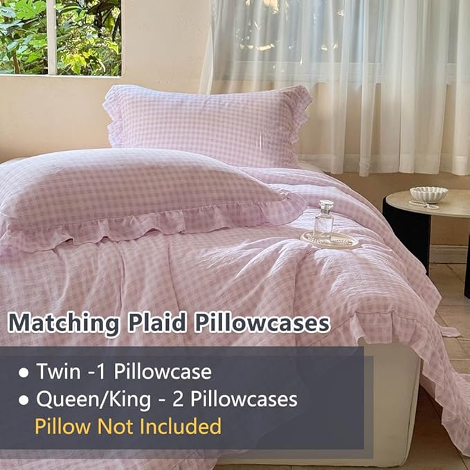 NSNLGSGC Pink Ruffle Gingham Comforter Set Queen, Pre-Washed Ruffled Plaid Checked Comforter Bedding, 3 Pieces Vintage Farmhouse Grid Bedding Set(Pink Gingham, Queen)