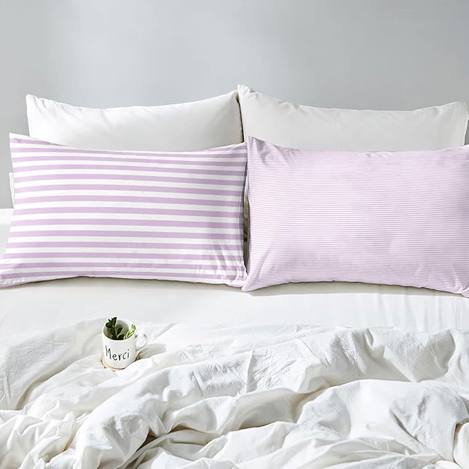 Girl Purple Striped Comforter Set Queen White Farmhouse Ticking Stripes Down Comforter For Women Horizontal Stripes Geometric Lines Reversible Lightweight Duvet Set For Room Decor Soft Bedding Set