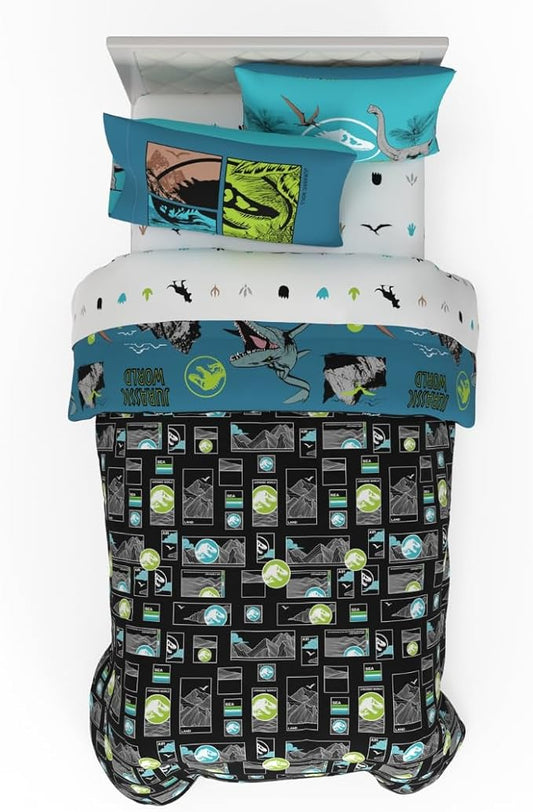 Jurassic World Kids Bedding Super Soft Cozy Reversible Microfiber Comforter and Sheet Set with Sham, 5 Piece Twin Size, (Officially Licensed Product) by Franco