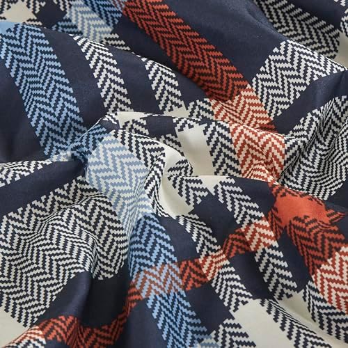 Chezmoi Collection 3-Piece Lodge Plaid Sheet Set Twin Size - Blue Orange White Herringbone Plaid Stripe Printed Brushed Microfiber Lightweight Breathable Deep Pocket Bed Sheets
