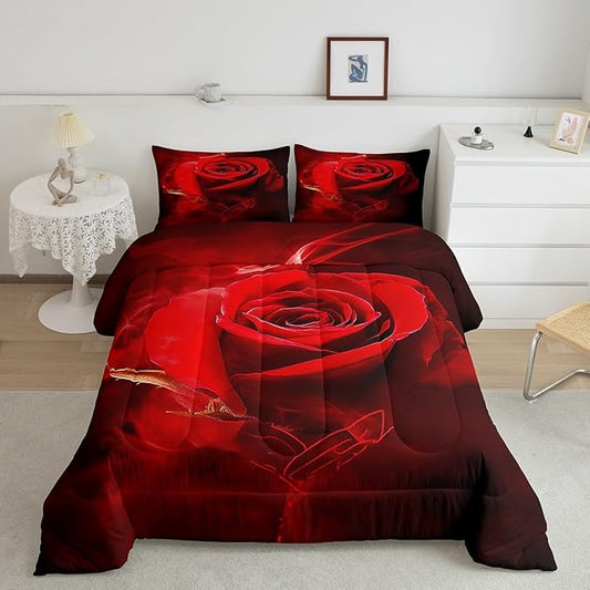Erosebridal Valentine's Day Comforter Set Queen,Black Red Rose Floral Bedding Sets for Girls Women,Elegant Flowers 3D Print Quilt Set Soft Luxury Microfiber 3Pcs Quilted Comforter with 2 Pillow Shams