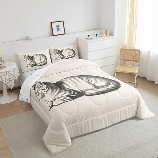 Erosebridal Cat Comforter Set King Size Kitten 3D Quilt Insert for Kids Boys Girls Kawaii Sketch Animal Cute Beige White Comforter Warm Soft Bedding Set