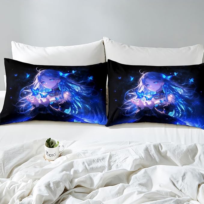 Erosebridal 3D Japanese Girl Fitted Sheet for Boys Girls Kids Blue Butterfly Decorations Queen Bed Sheets,Cartoon Sheets Anime Gifts for Her Bedding Sets, No Top Sheet