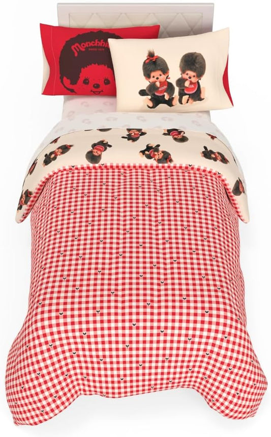 Monchhichi Bedding 5 Piece Twin Bed Set, Soft Cozy Nostalgia Reversible Comforter and Sheet Set with Sham, Officially Licensed Product by Franco