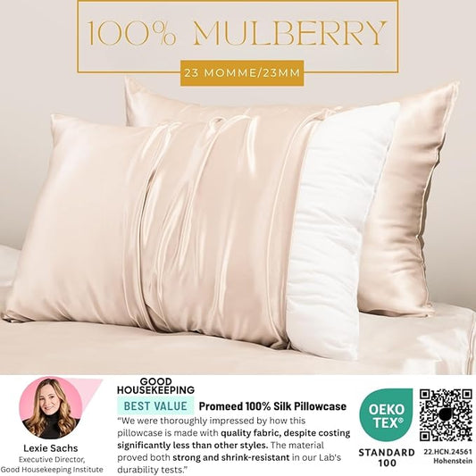 PROMEED 23 Momme Silk Pillowcase 2 Pack with Zipper, 3rd Gen Grade 6A+ 100% Mulberry Silk Pillow Case Set of 2, Cooling Pillow Cases for Hot Sleepers (Queen 20"x30", Champagne)