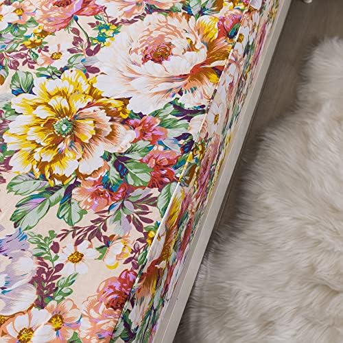 FADFAY Floral Sheets Set Queen 100% Cotton Shabby Garden Flower Pink and Orange Vintage Peony Bedding 600TC Elegant Cottagecore Bedding Super Soft Deep Pocket Bed Sheets Set, 4Pcs
