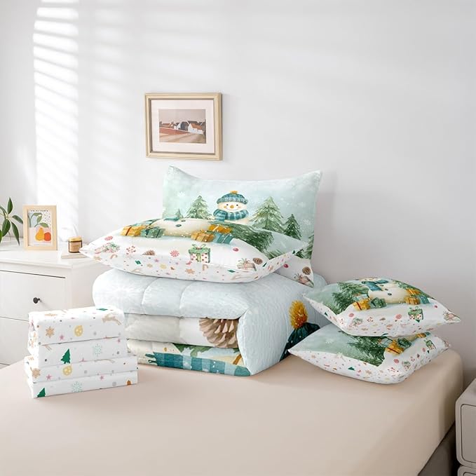 Kawaii Snowman Comforter Set 7 PCS,Cartoon Christmas Trees Gifts Bed Set for Girls Kids,Winter Christmas Theme Bed in a Bag Bedding Set with Comforter,Sheet Set,Pillowcases,Pillow Covers,King
