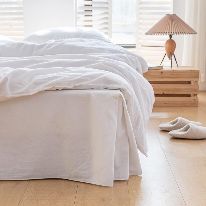 BISELINA French Linen Bed Skirt with Pleated Corner 14-Inch Tailored Drop Natural Flax Cotton Blend Basic Dust Ruffle Soft Cozy Farmhouse Bedding (14" King, Basic White)