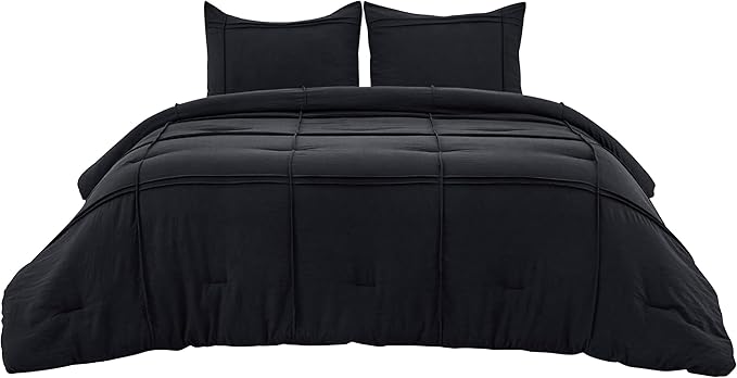 Bedsure Queen Comforter Set with Sheet - 4 Pieces Soft Black Bedding, Grid Pinch Pleat, All Season Lightweight Fluffy Bed Set with Solid Boho Comforter, Pillowcases & Sheet