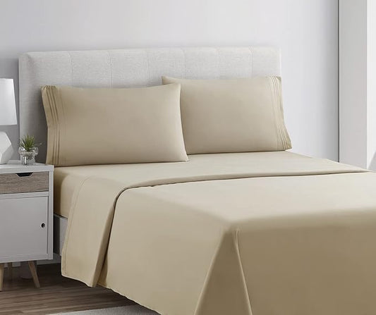 Clara Clark Premier 1800 Collection Full 4PC Bed Linen Set, Beige Cream, Microfiber, Deep Pocket, Breathable