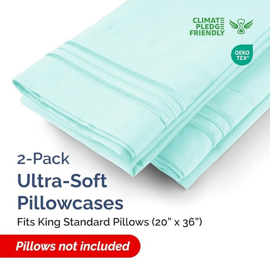 King Standard Pillow Cases Set of 2 - Soft Hotel Quality Pillowcase Covers - Comfy, Cozy and Fade Free - Wrinkle Resistant - Machine Washable Pillow Protectors - 2 Piece Set - King Standard Spa Blue