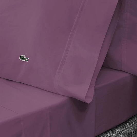 Lacoste 100% Cotton Percale 3-Piece Sheet Set – Cool, Crisp, Matte, and Durable, Oeko-Tex Certified – Solid, Plum, Twin