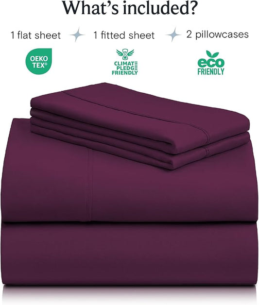 LuxClub 4 PC King Sheet Set, Breathable Luxury Bed Sheets, Deep Pockets 18" Wrinkle Free Cooling Bed Sheets Machine Washable Hotel Bedding Silky Soft - Eggplant King
