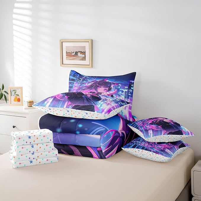 Erosebridal Kids Anime Girl 7 Piece Comforter Set Full Bed in A Bag, Japanese Anime Bedding Sets, Cartoon Girl Sheet Set with Comforter for Boys Teens Adult, Kawaii Japanese Animation Bed Sets