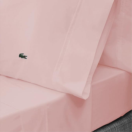 Lacoste 100% Cotton Percale 4-Piece Sheet Set – Cool, Crisp, Matte, and Durable, Oeko-Tex Certified – Solid, Iced Pink, Queen