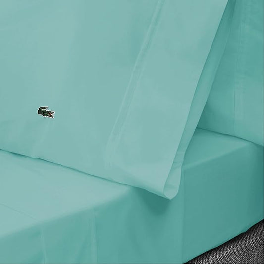 Lacoste 100% Cotton Percale 3-Piece Sheet Set – Cool, Crisp, Matte, and Durable, Oeko-Tex Certified – Solid, Water Blue, Twin XL