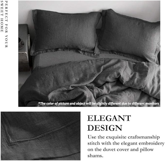 Simple&Opulence 100% Linen Duvet Cover Set with Embroidery Border Washed - 3 Pieces (1 Duvet Cover with 2 Pillow Shams) with Button Closure Soft Breathable Farmhouse - Dark Grey, Queen Size